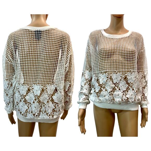 Bobeau White Floral Crochet Sheer Pullover Sweater | M - Picture 2 of 6